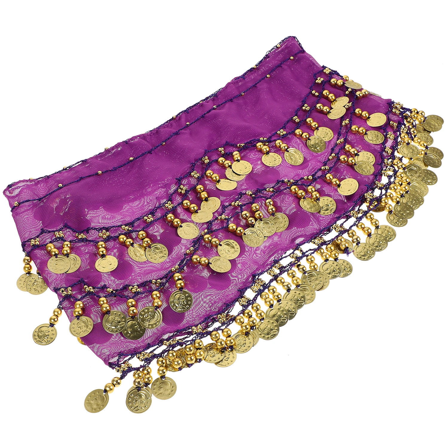 Women Chiffon Dangling Belly Dance Hip Scarf 3 Rows 128 Coins Wrap Belt for Belly Dancing (Purple)