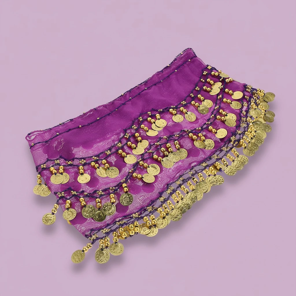 Women Chiffon Dangling Belly Dance Hip Scarf 3 Rows 128 Coins Wrap Belt for Belly Dancing (Purple)