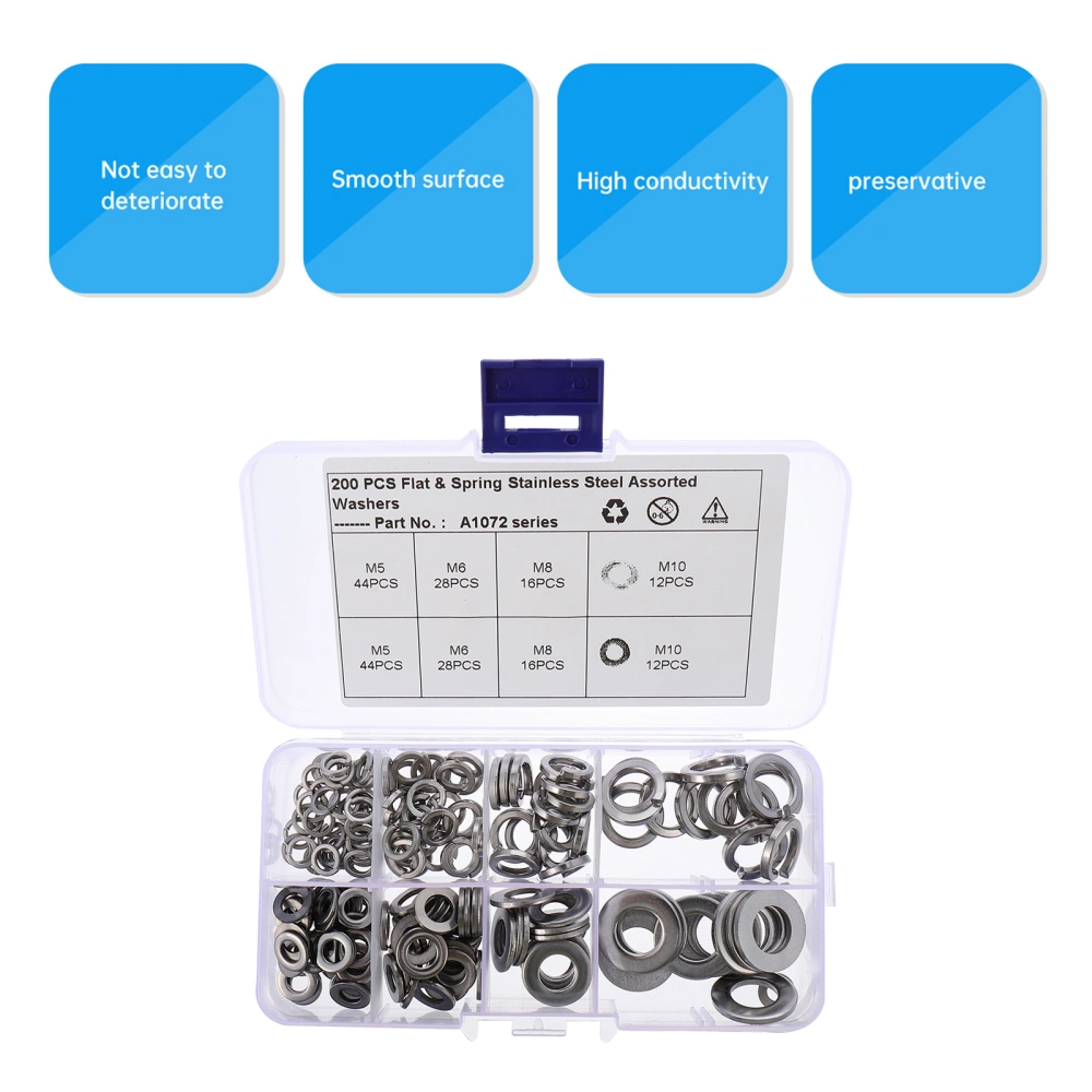 200pcs Stainless Steel Flat Washers Spring Washers Split Lock Washer Kits