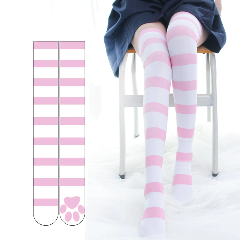 1 Pair of Cat Paw Pattern Sockings Digital Printed Overknee Sockings Breathable Striped Socks for Women Girls Pink