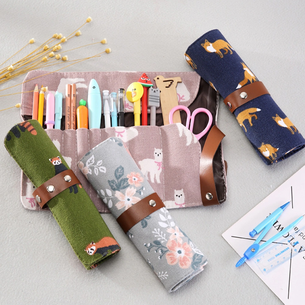1PC Portable Canvas Pen Bag Large Capacity Rolling Pencil Case Roll Wrap Pencil Holder Pen Storage Organizer (Random Style)