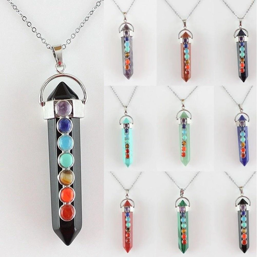 Unique Jewelry Crystal Reiki Hexagonal Pendant Necklace Healing Stone Beaded Chakra (Black Agate Pendant and White K Cross Chain)
