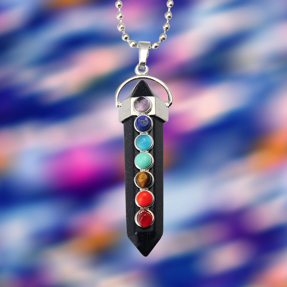 Unique Jewelry Crystal Reiki Hexagonal Pendant Necklace Healing Stone Beaded Chakra (Black Agate Pendant and White K Cross Chain)
