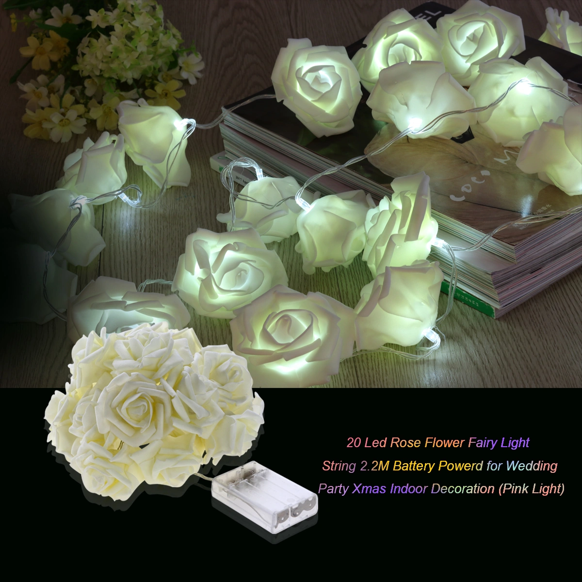 20 Led Rose Flower Fairy Light String 2.2M Battery Powerd for Wedding Party Xmas Indoor Decoration (Pure White Light)