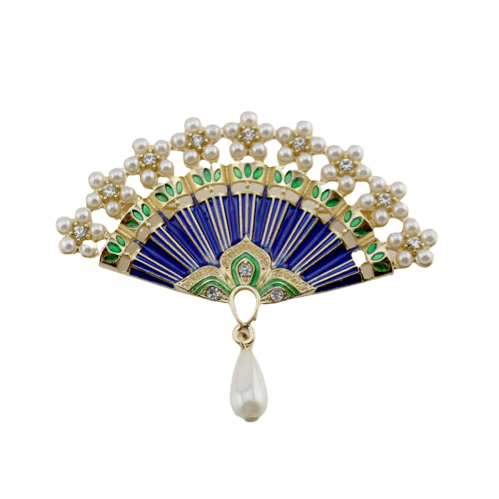 Chinese Fans Brooch Pin Classical Chinese Fans Breastpin Rhinestone Inlaid Pearl Fan Brooch Chinese Fans Dress Accessories for Women Lady (Blue)