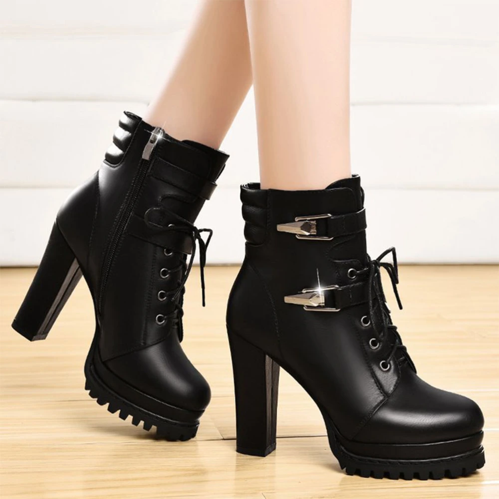 European Style Contracted Tide Girl Boots Woman British Style Rivet Boots  Boots Autumn Winter High-heeled Shoes Size 36 (Black)