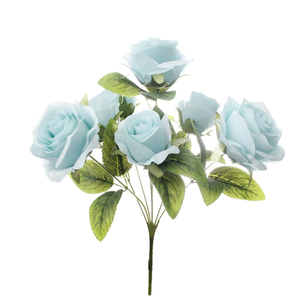 3pcs Simulation Flowers Silk Flowers Artificial 7 Heads Rose Bouquet for Home Bridal Wedding Party Festival Decor (Sky-blue)