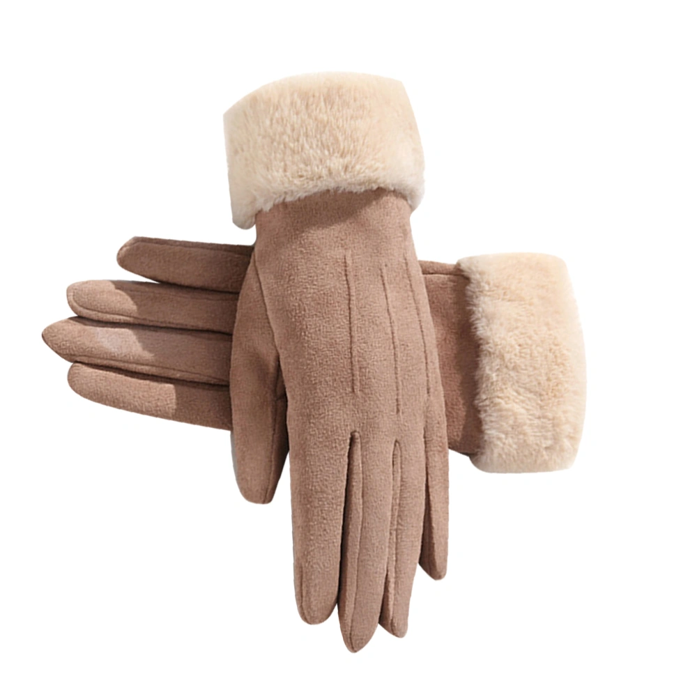 1 Pair Winter Elegant Gloves Suede Touch Screen Gloves Thicken Hand Protection Gloves for Riding Driving (Khaki)