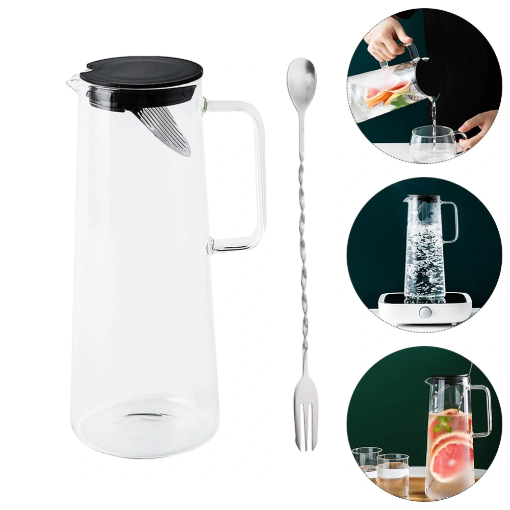 Large Capacity Glass Kettle Cold Water Kettle Glass Juice Pot Cold Water Container with Spoon (Black)