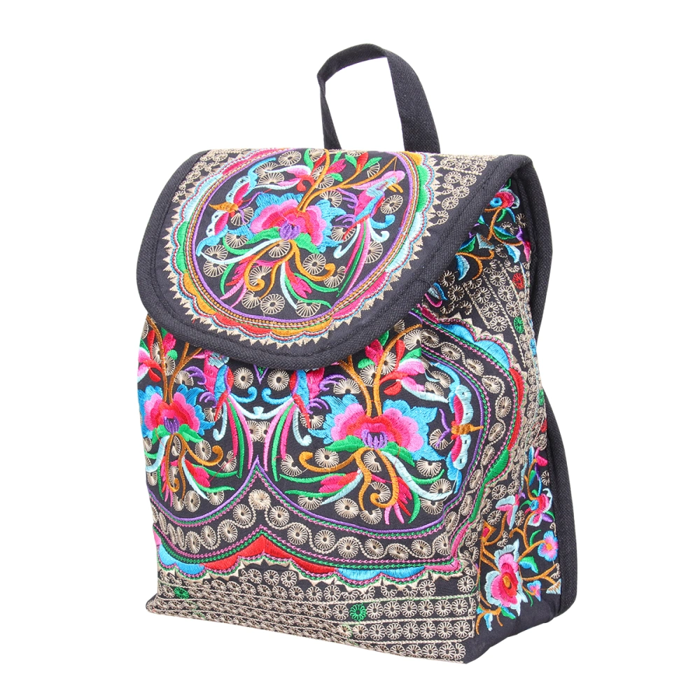 Ethnic Style Shoulder Bags Embroidered Backpack Canvas Storage Pack for Girl Ladies (Size L)