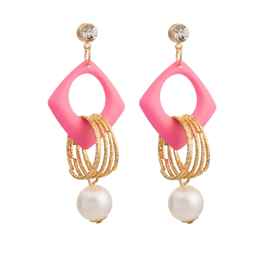 Pair of Fashion Pearl & Ring Decored Women Girls 18K Gold Plated Ear Pendants Earrings