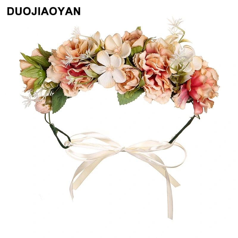 Bohemian Flower Headband Artificial Flower Headband with Ribbon Wedding Bridal Headband