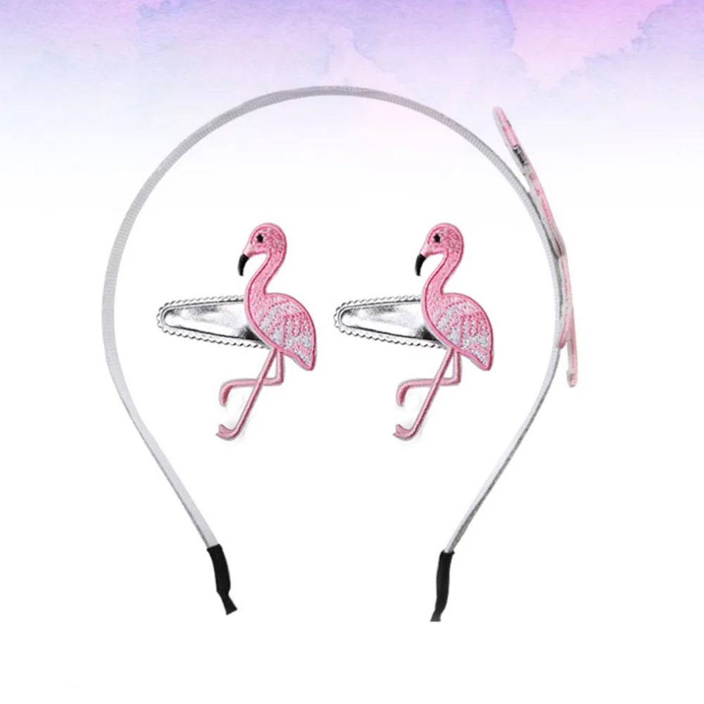 3pcs Flamingo Embroidery Headdress Creative Hair Performance Hair Clip Fashion Hair Ornament (2pcs Hair Clip, 1pc Hair Hoop, Pink)