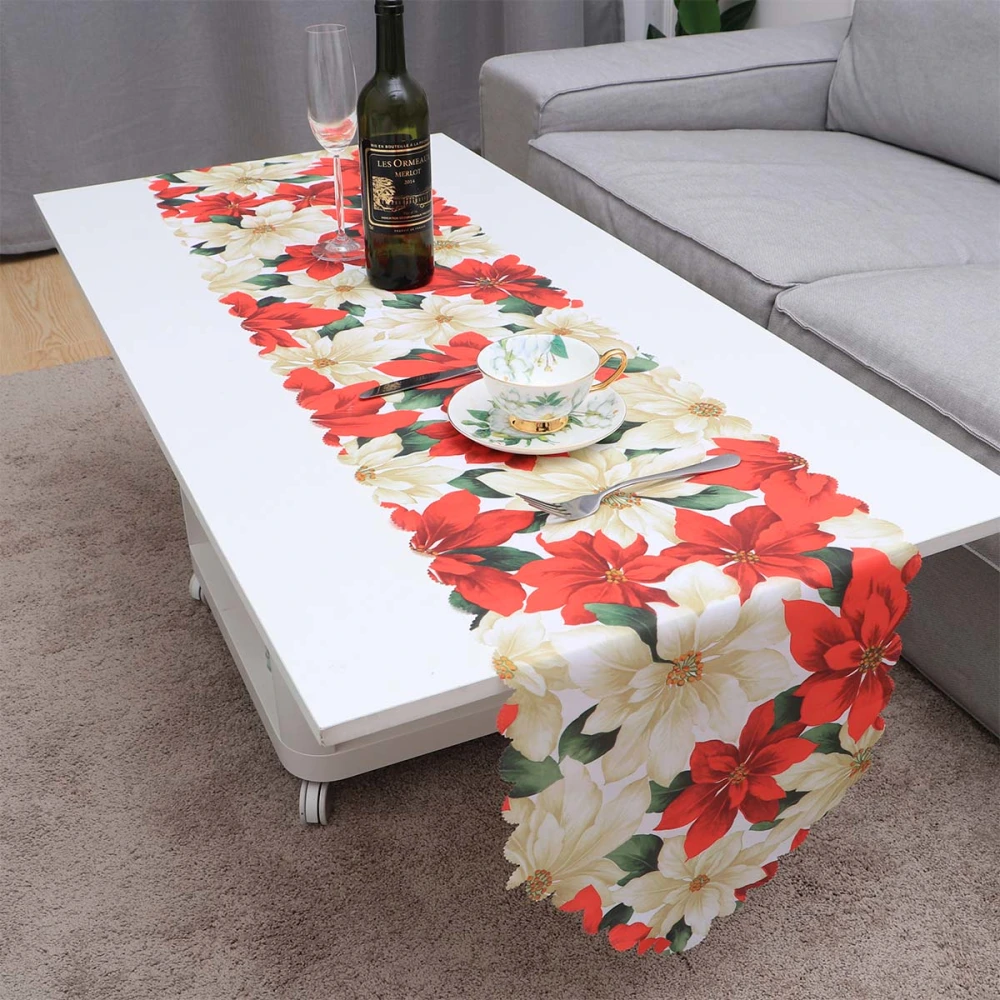 Christmas Printed Tablecloth Cotton and Linen Decorative Table Runner Long Table Cover for Xmas Party Holiday Winter Home Decor