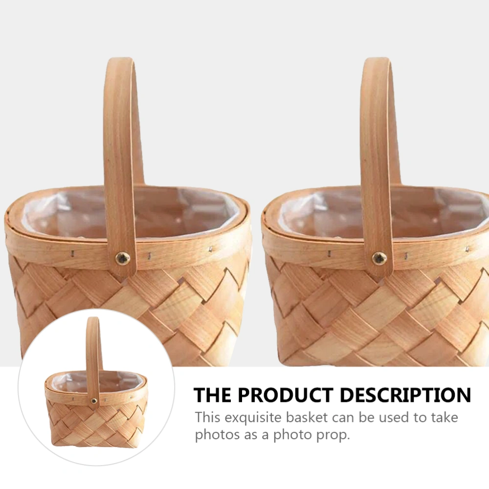 1 Pc Wood Handle Basket Portable Flower Basket Practical Bamboo Woven Basket