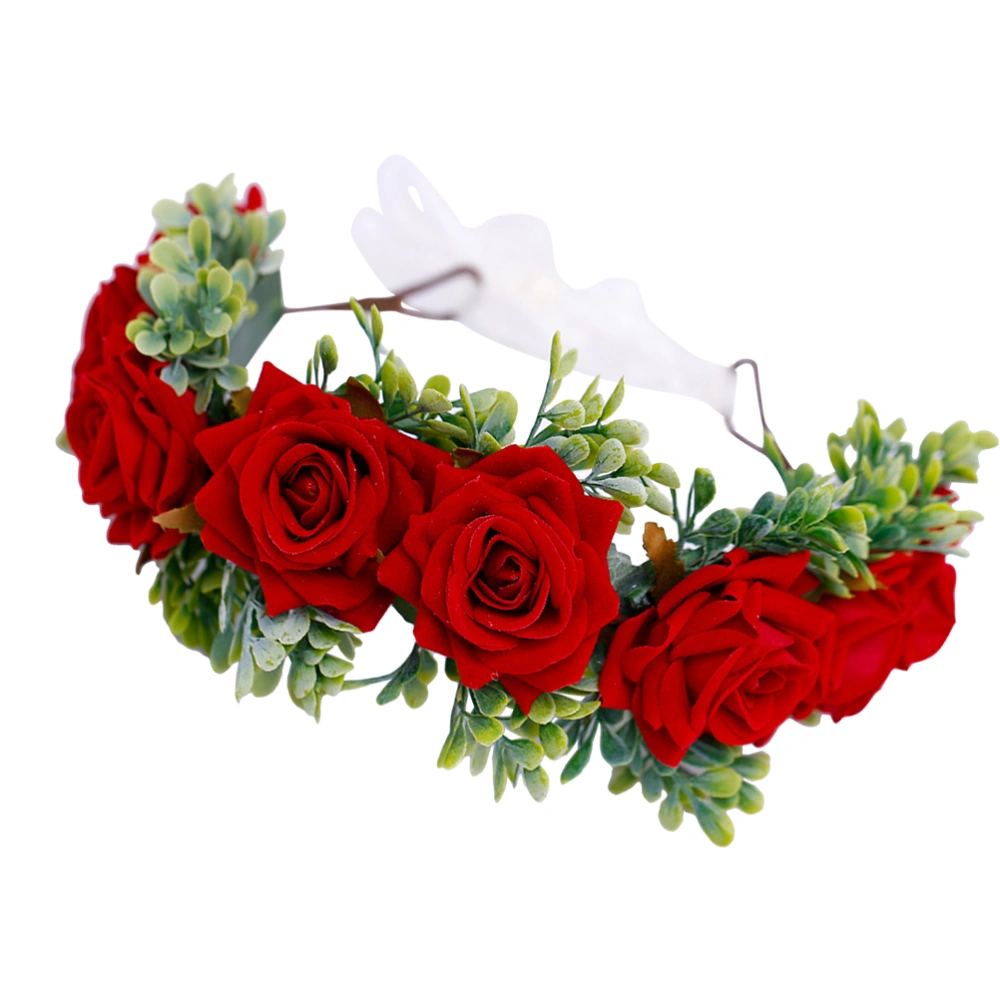 1PC Floral Headdress Artificial Rose Hair Wedding Hair Band Cosplay Headwear for Girls Brides (Red)