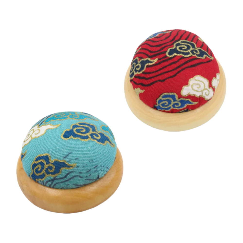 2 Pcs Japanese Style Wooden Base Pin Cushion Lovely Cloud Printing Needle Cushion DIY Handcraft Sewing Tool Supplies(Light Blue, Red Style)