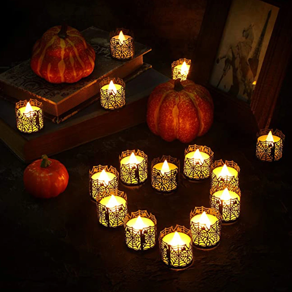 50pcs Halloween Black Spider Web LED Electronic Candle Holder Candle Wraps