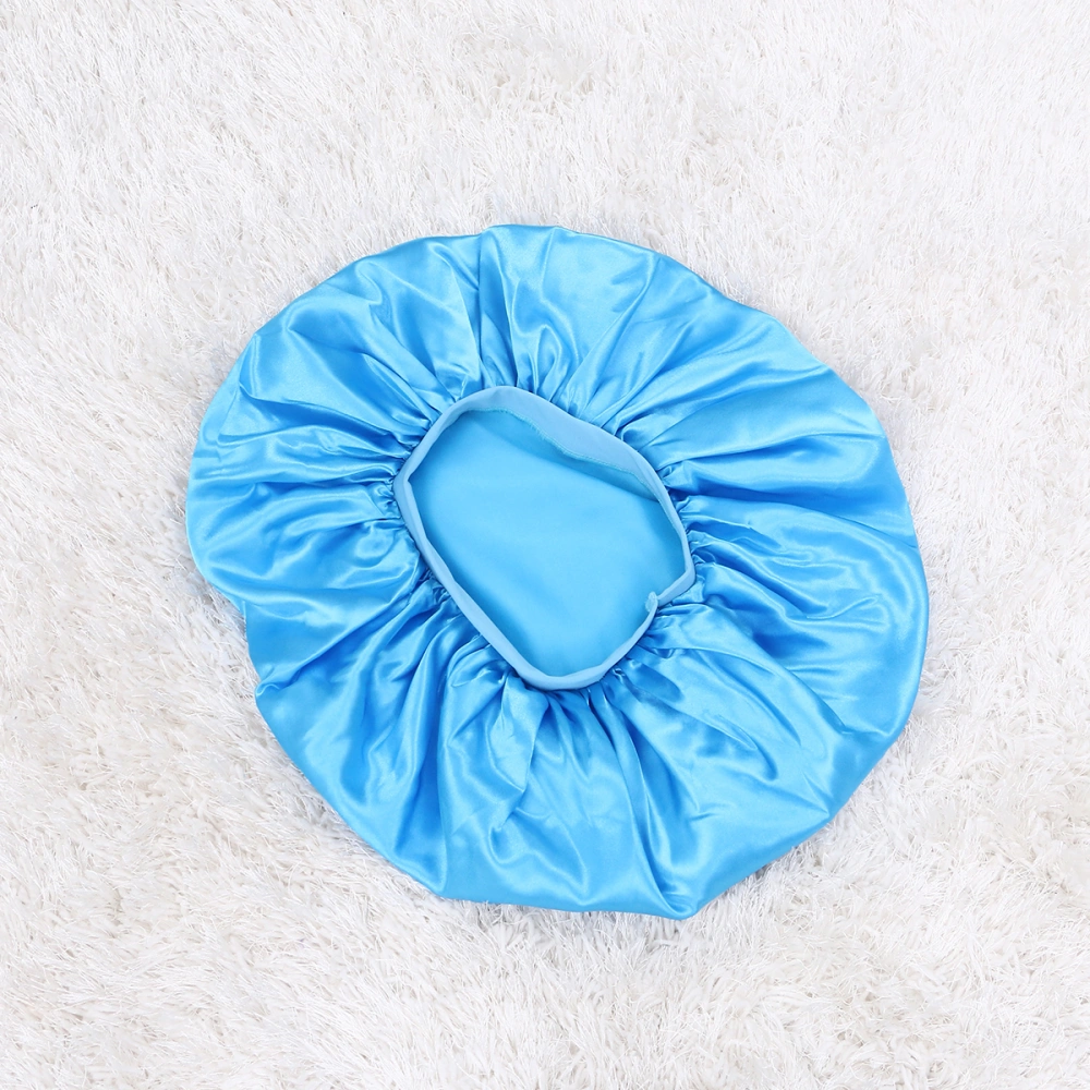 Extra Large Nightcap Imitation Silk Hair Round Elastic Hat Bathing Hat Lake Blue