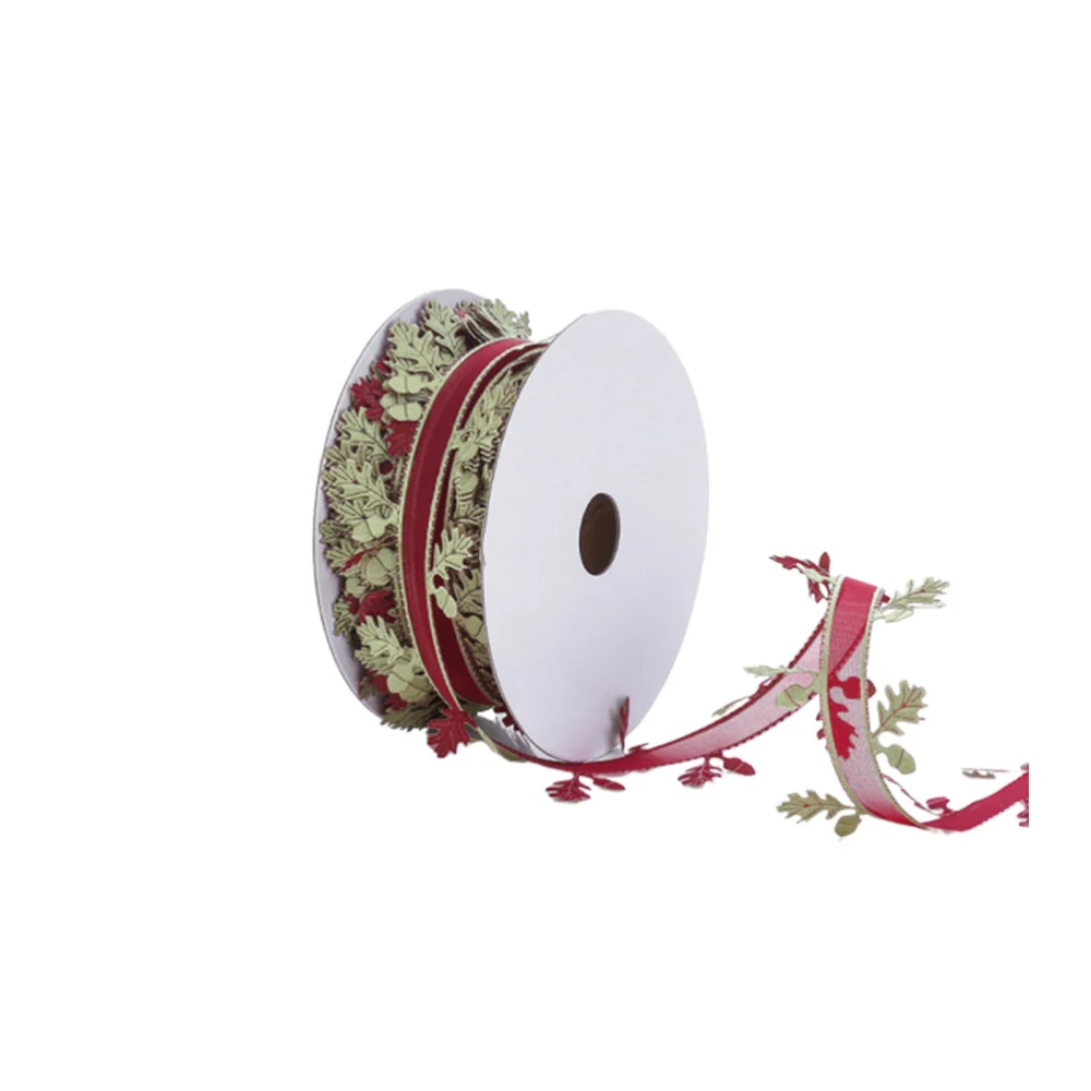 1 Roll 20M Christmas Decoration Ribbon Tape Side Leaf Shape Middle Mesh Style Band Ribbons for Christmas Tree Hanging Packaging Gifts Wrapping (Claret)