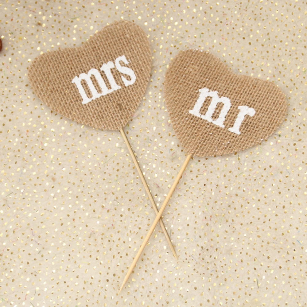 2 Pairs Mr and Mrs Cake Toppers Heart Shaped Cupcake Ornament Picks Cake Decor Dessert Adornment for Wedding Party