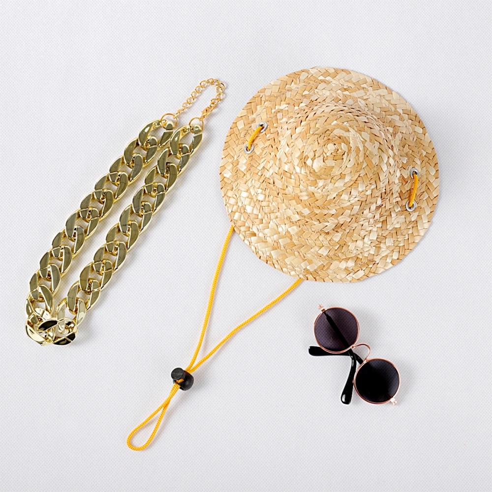 POPETPOP 3pcs Fashion Animal Pet Dog Cat Retro Straw Hat Fancy Ornament(Sunglasses, Retro Straw Hat, Dog Gold Necklace)