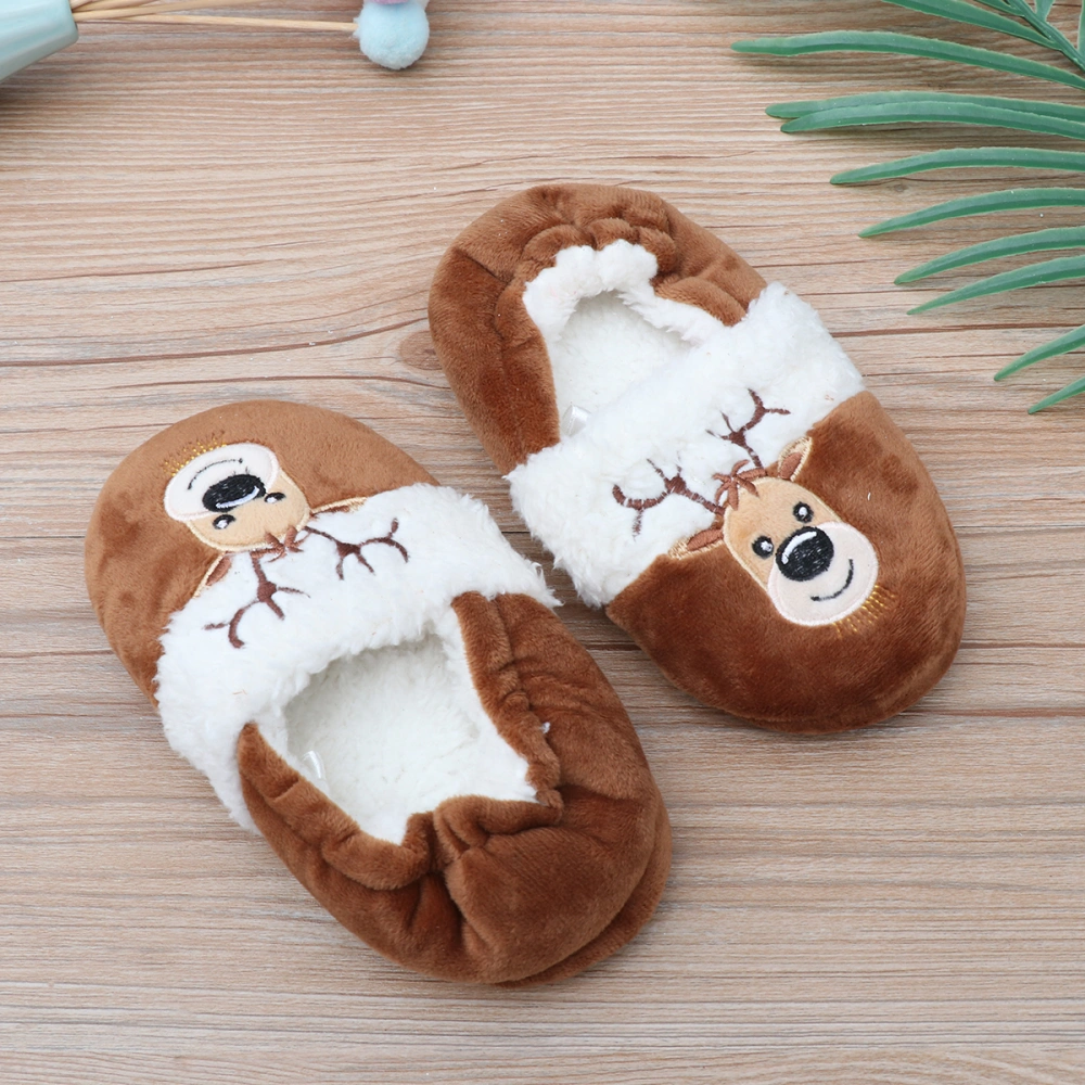 1 Pair Children Winter Warm Slipper Christmas Elements Design Indoor Non Cotton Slipper Elk Pattern 15/16 (Brown 15.5CM Inner Length)