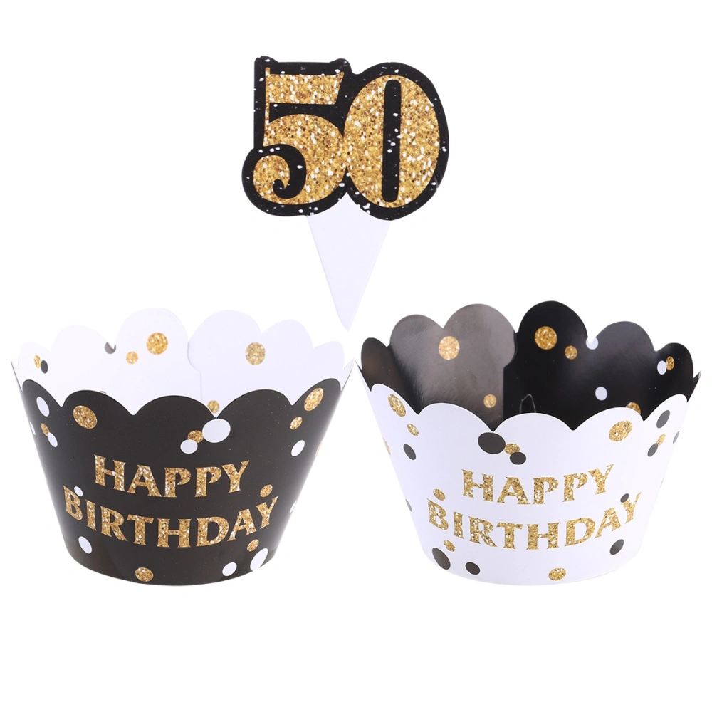 48pcs 50 Birthday Cupcake Wrapper and Toppers Set Birthday Theme Cake Linner Cake Insert Paper Cake Decorating Birthday Party Favors(24pcs Cake Linner and 24pcs Toppers)