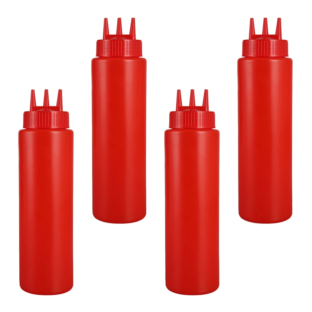 4pcs Plastic Jam Squeeze Bottles 3-hole Tomato Sauce Dispensers Kitchen Gadget for Salad Dressing Mustard (Red, 24oz, 720ml)