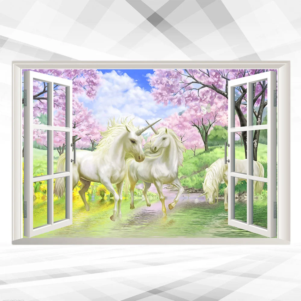 1PC 3D Fake Window Unicorn Wallpaper Wall Decal Removable Background Wall Poster for Living Room Bedroom Kids Room (57x90cm)