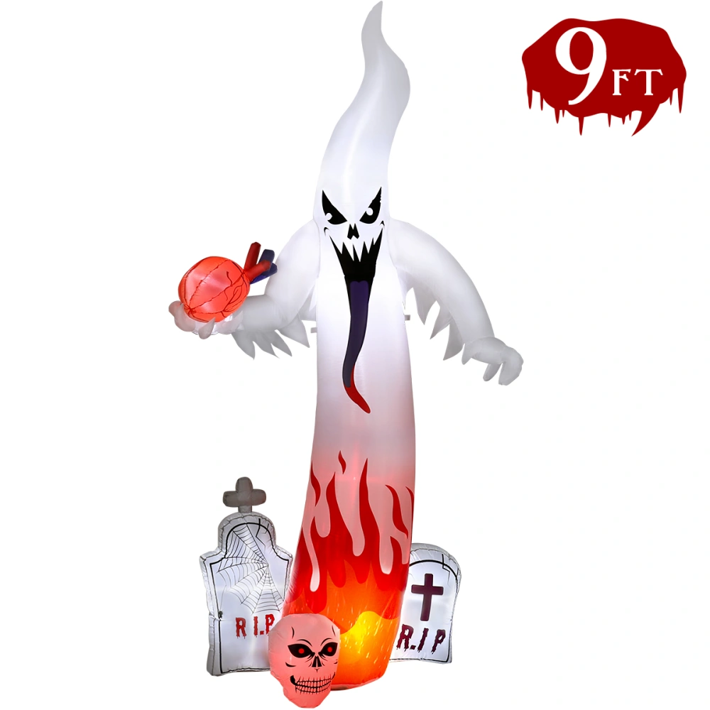 UNOMOR 2.75m Halloween Inflatable Ghost & Tombstone Creepy Ghost Air Blown Up Model Yard Decoration with US Plug