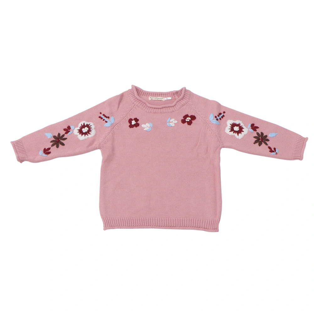 Kids Knitted Sweater Hand Embroidered Hook Flower Round Neck Sweater Baby Girls Sweater Shirt (Pink, 73cm)