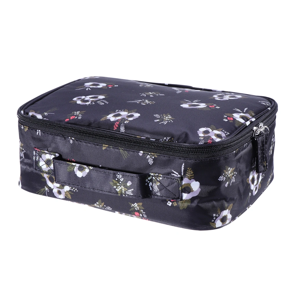 Waterproof Large Capacity Cosmetic Bag Portable Makeup Brush Organizer Kit Multifunctional Vacation Travel Home Toiletry Printed Pouch (Black Flower)