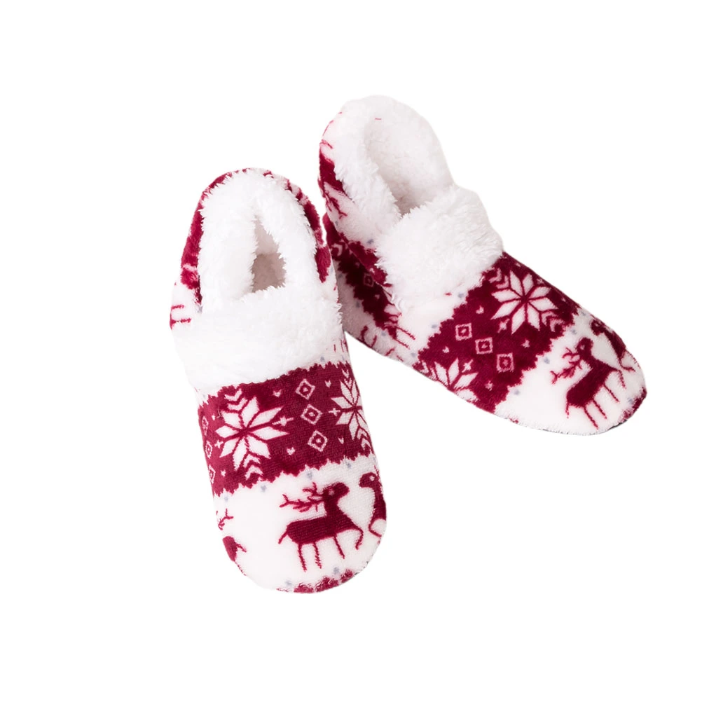 1 Pair Christmas Deer Pattern Boots Stylish Bottom Floor Shoes Cold Protection Warmer Shoes for Home Adults (Wine Red)