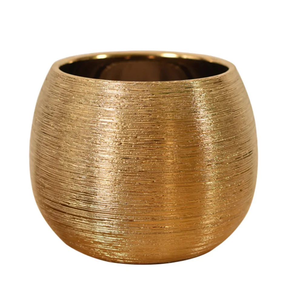 1Pc Gold-plated Ceramic Flowerpot Round Flower Vase Succulent Pot (Golden)