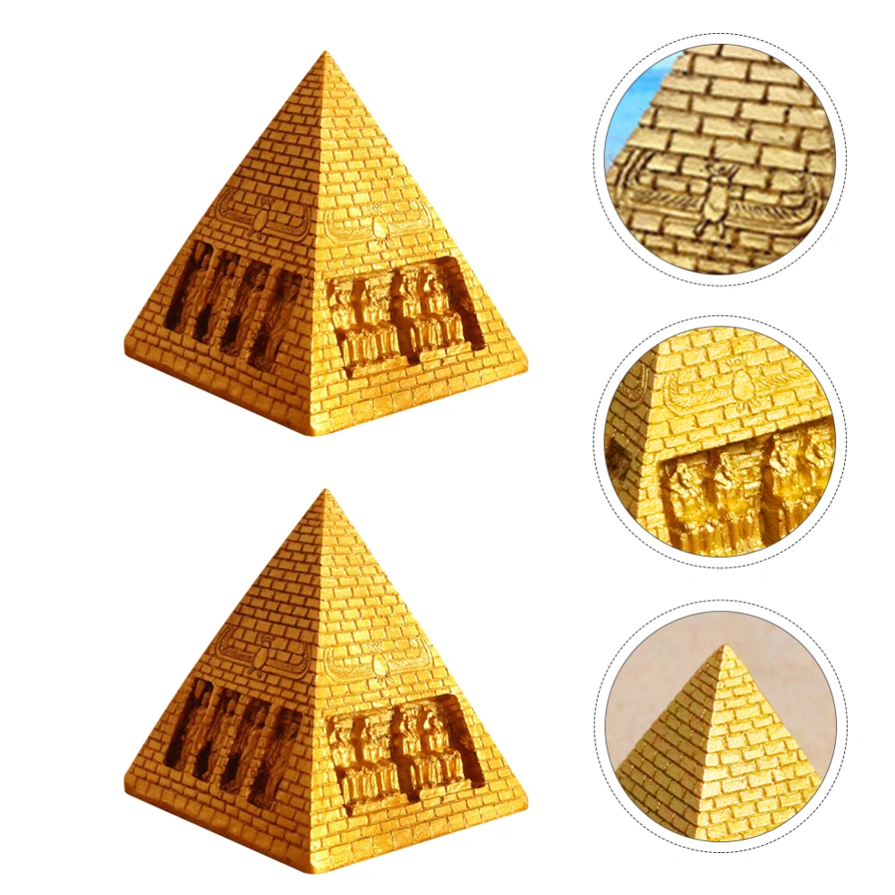 2Pcs Mysterious Pyramid Tabletop Pyramid Ornament Resin Sculpture Toy (Golden)