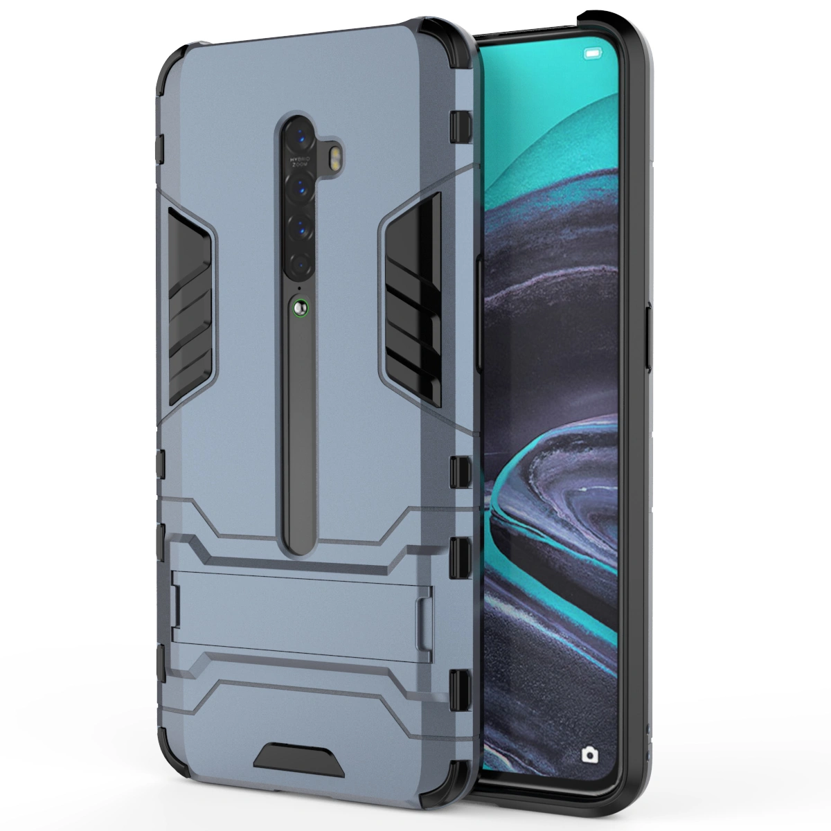 2 in 1 Anti-fall Chariot Style Phone Case Hard Kickstand Phone Case Scratch Resistance TPU Hard Bracket Phone Shell PC Phone Cover Compatible for Oppo Reno 2 (Navy)