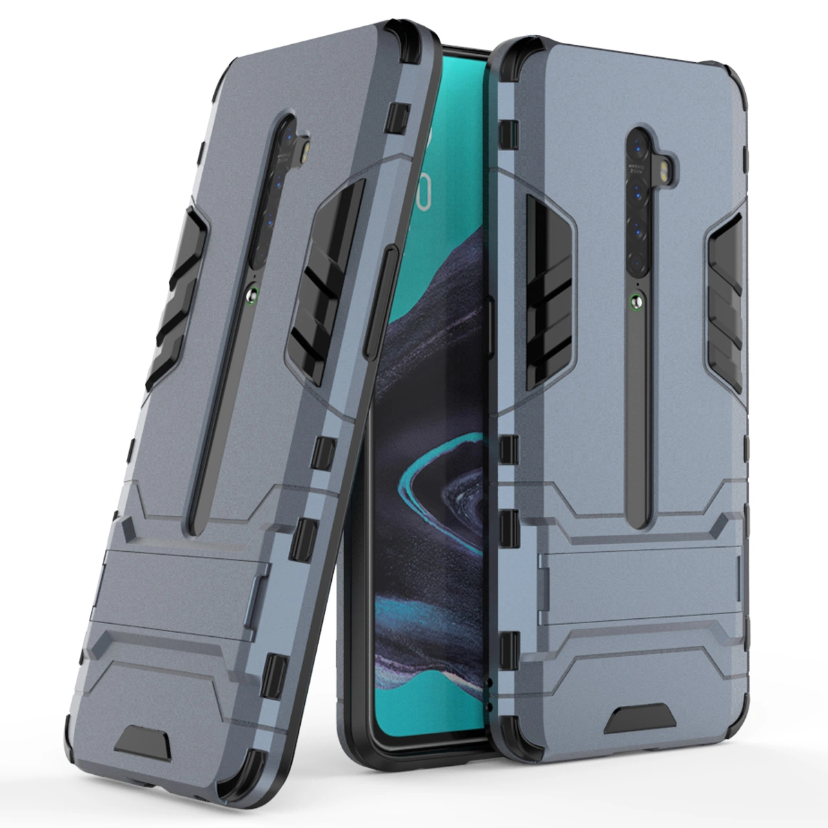 2 in 1 Anti-fall Chariot Style Phone Case Hard Kickstand Phone Case Scratch Resistance TPU Hard Bracket Phone Shell PC Phone Cover Compatible for Oppo Reno 2 (Navy)