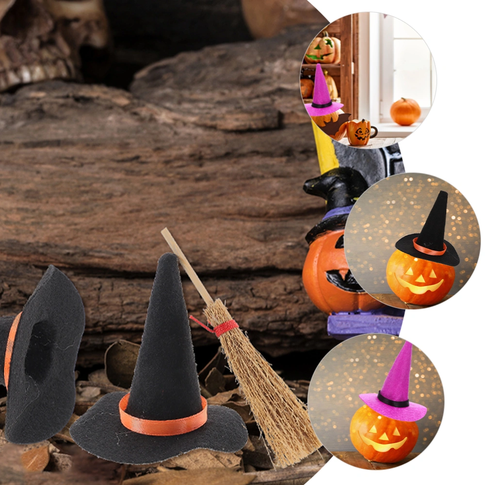 1 set of Miniature Doll House Witch Hats Mini Halloween Witch Hats and Brooms Doll House Props