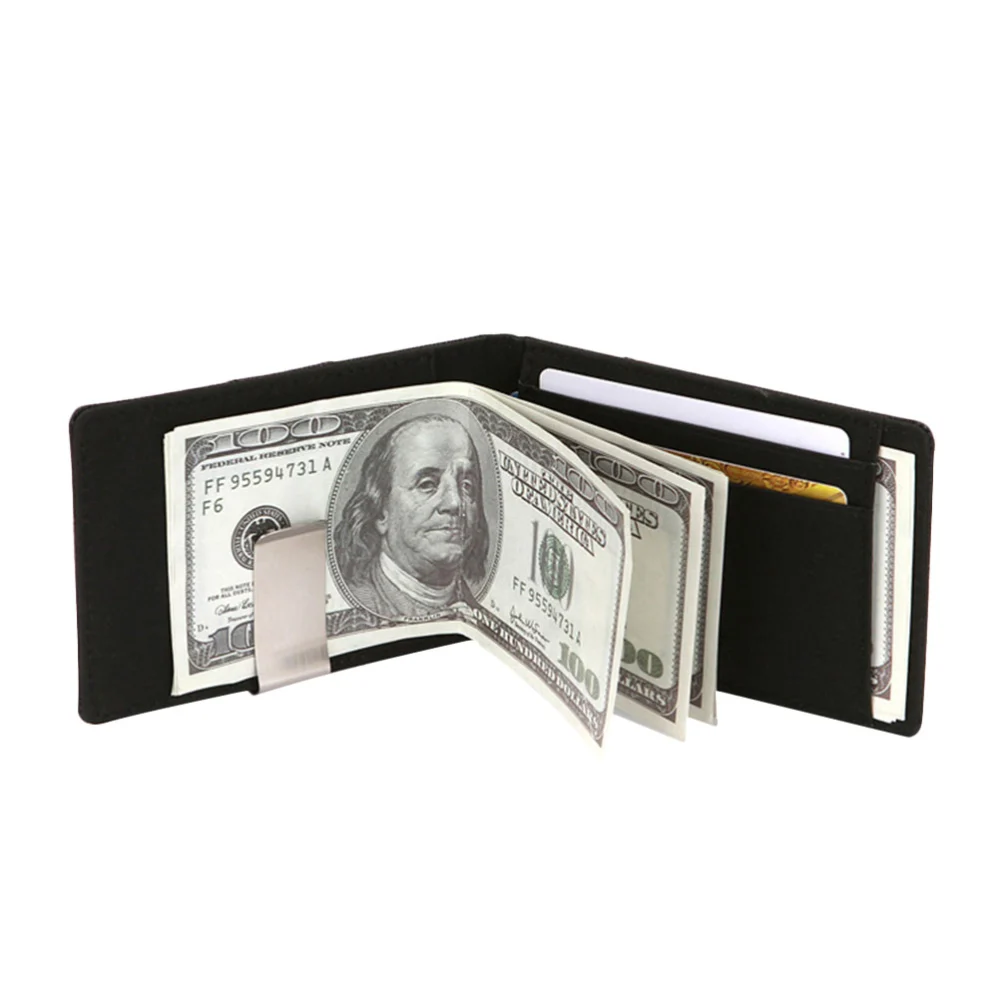 Simple Fold Purse PU Leather RFID Wallet Multi-card Stainless Steel Decor Wallet for Men Black