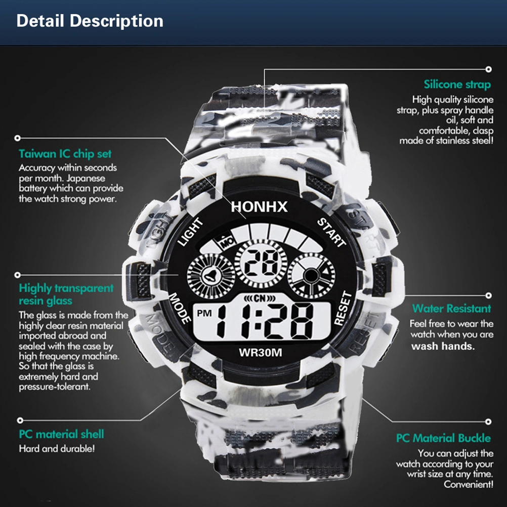 Watches Student Children Watch Electronic Digital Display Sports Male Clock Waterproof Alarm Wristwatch (Light Grey)