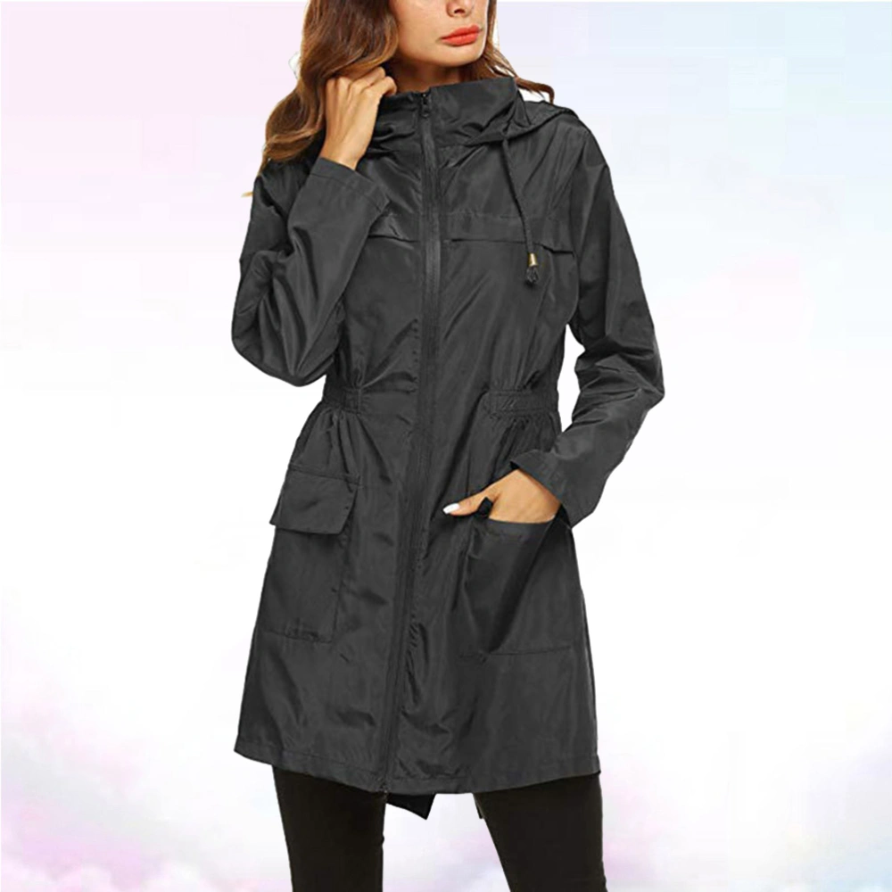 Women's Lightweight Raincoat Waterproof Ultra-thin Mountaineering Suit Outdoor Windproof Coat Hooded Hiking Long Active Rainwear (Black, Size XL)