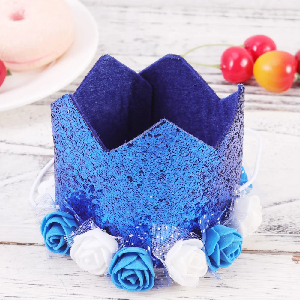 1PC Children's Birthday Hat Birthday Crown Hat Flower Sequin Party Decoration (Royal Blue Hat)