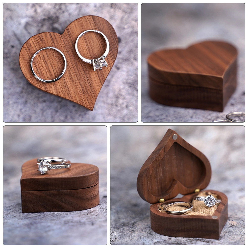 1PC Love Heart Ring Box Black Walnut Solid Wood Ring Box Mini Jewelry Wood Box