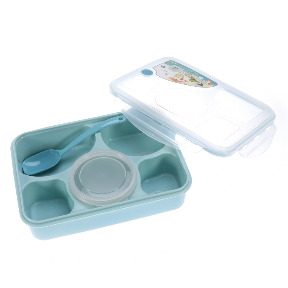 5 Compartments Plastic Lunch Box with Soup Bowl Good Sealing Performance Lunch Container Reusable Food Storage Containers with Lid and Spoon (Blue)