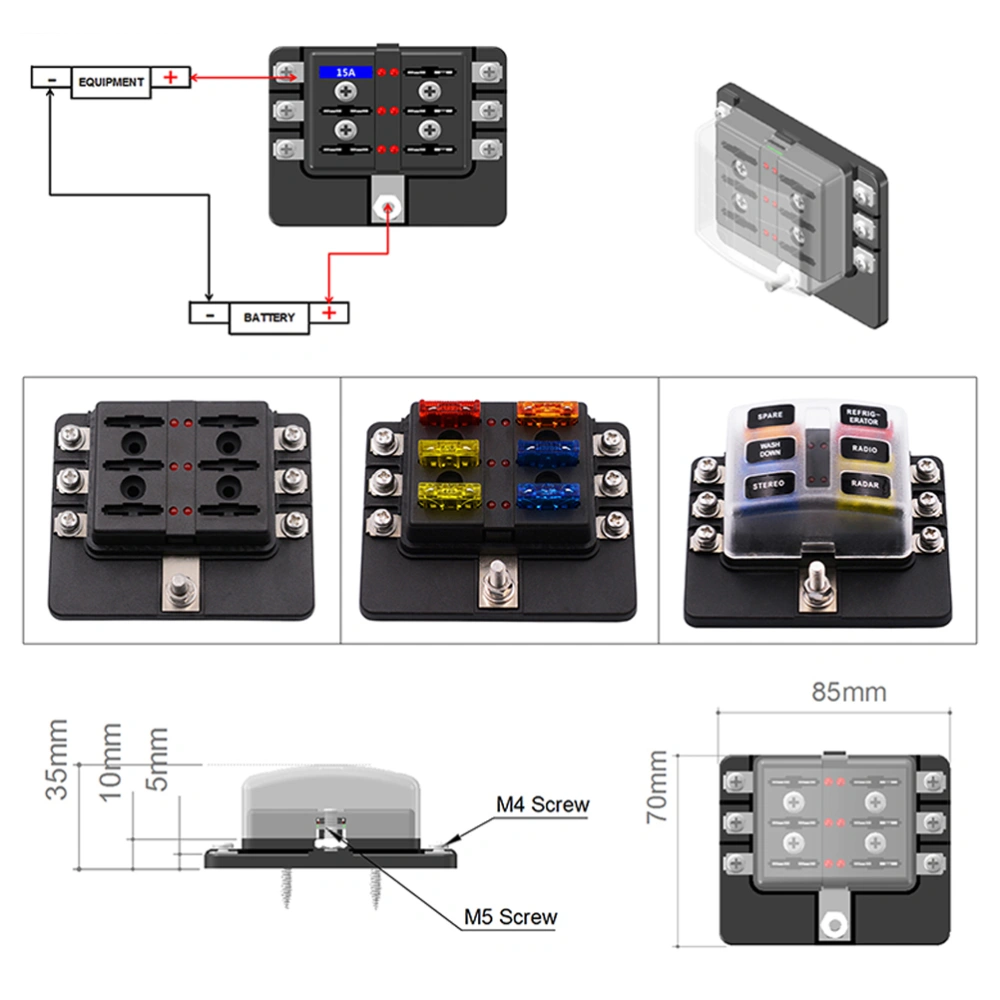 Car RV Fuse Box Fuse Block Holder Screw Nut Terminal 1 Into 8 Out 12-36v