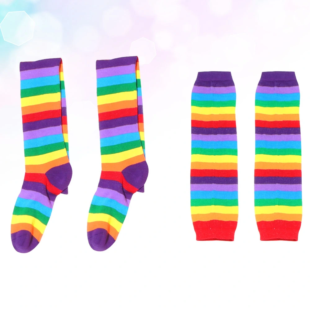 2pcs Rainbow Strips Gloves Socks Set Warm Leg Stockings Gloves Colorful Thigh High Socks for Women Girls Costumes (Gloves and Socks Red Mouth)