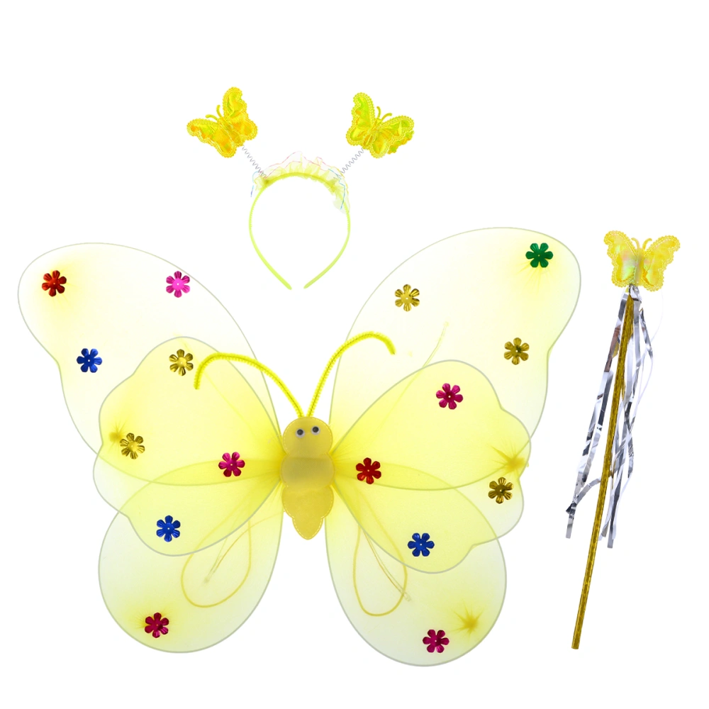 3 Pcs Girls Fairy Set Wings Double Layer Headband and Fairy Wand for Kids(Yellow)