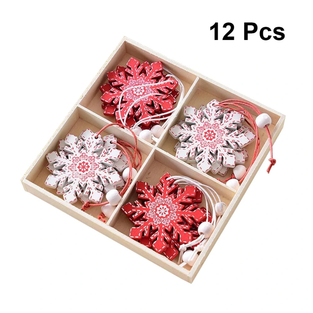 12 pcs Mini Wooden Christmas Tree Pendant Creative Diy Hanging Decor for Christmas (Snowflake Pattern, 12 pcs per Box)