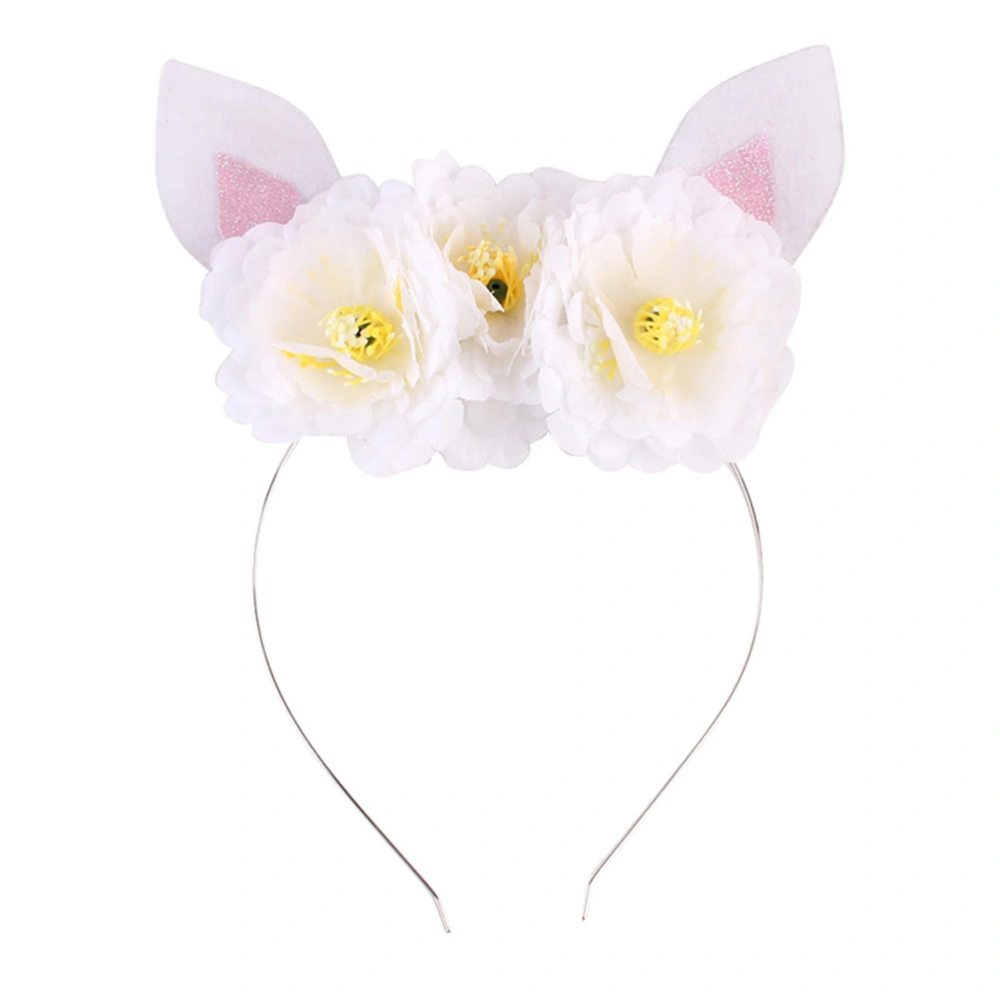 Cat Ears Headband Hair with Decorative Flowers Hair Accessories for Children Party(White)